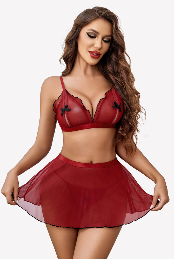 Avidlove Nurse Role Play lingerie set: Red bra with black bows and skirt. Cosplay outfit.