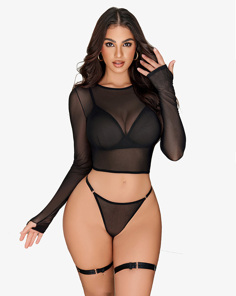 Black mesh lingerie set: long sleeve crop top, bra, thong and thigh rings. Sheer, flattering fit.