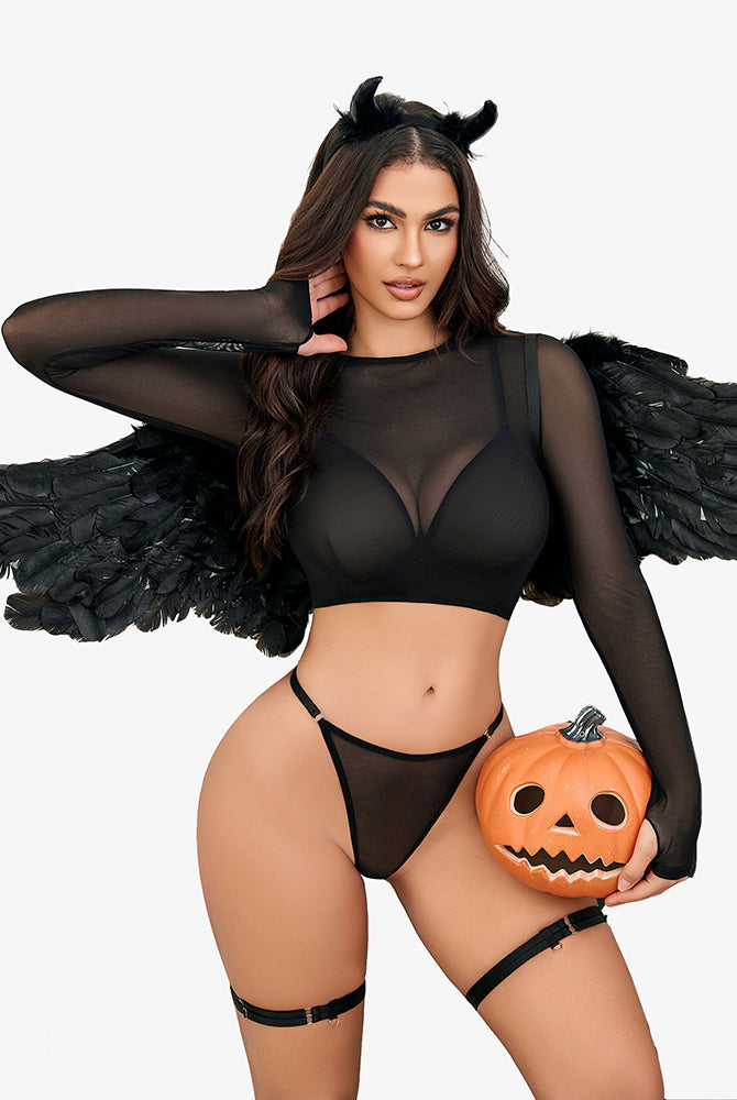 Black mesh lingerie set with devil horns, angel wings, and pumpkin; sexy Halloween outfit
