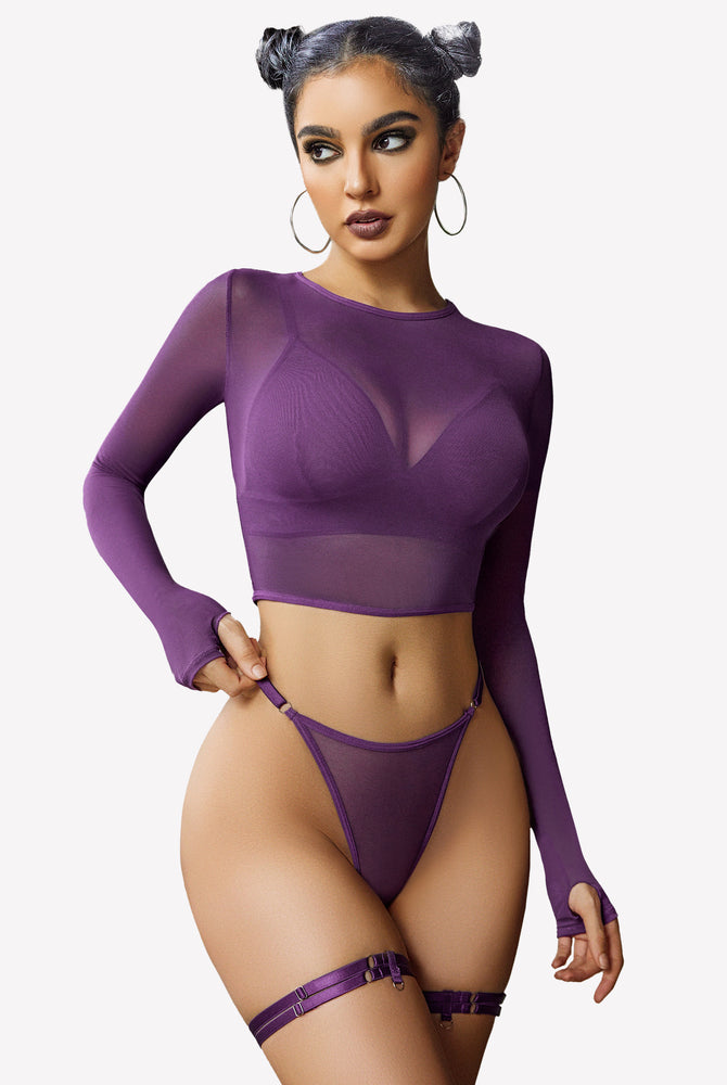 Purple mesh lingerie: long sleeve crop top, bra, thong, and thigh rings. Sheer, flattering fit.