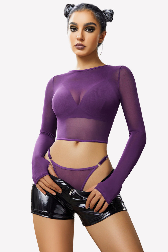 Purple mesh crop top, bra, and thong lingerie set. Sheer and flattering fit for confidence.