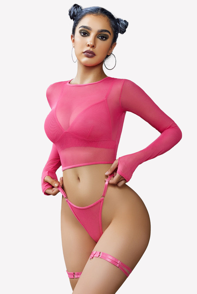 Avidlove pink mesh lingerie set: Long sleeve crop top, bra, thong, and thigh rings.
