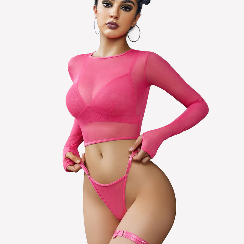 Avidlove pink mesh lingerie set: Long sleeve crop top, bra, thong, and thigh rings.