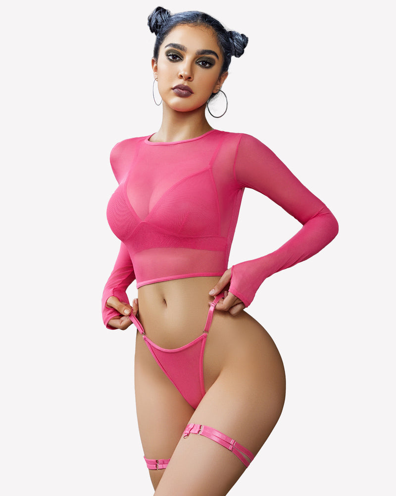 Avidlove pink mesh lingerie set: Long sleeve crop top, bra, thong, and thigh rings.