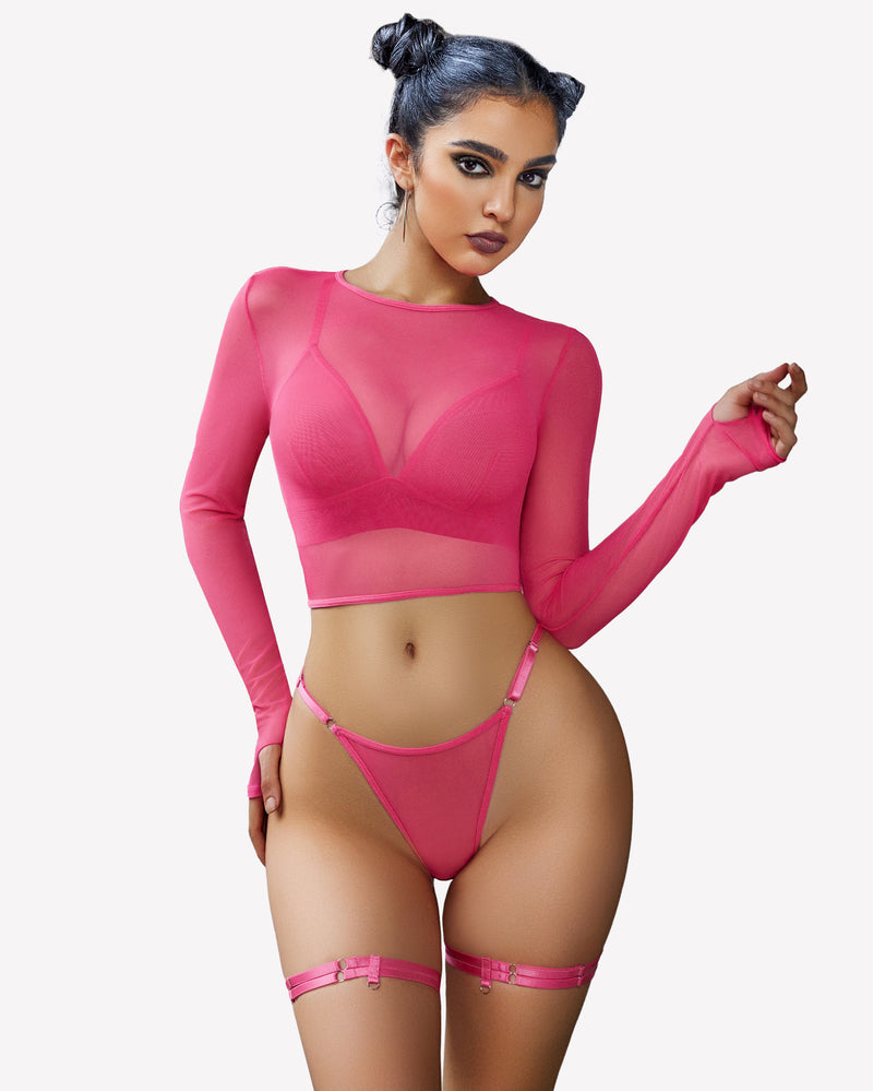 Pink mesh crop top bra and panty set with thigh rings, sexy lingerie, Avidlove