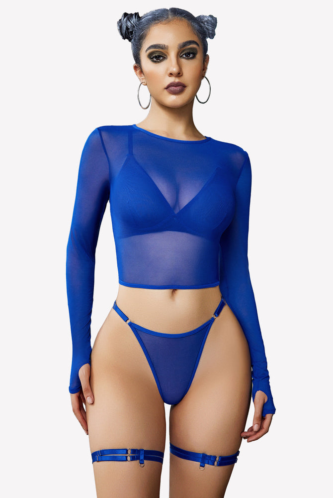 Blue mesh lingerie set: long sleeve crop top, bra, thong, and thigh rings. Sexy and flattering fit.