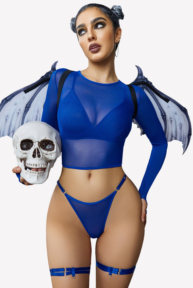 Blue Halloween lingerie set: crop top, thong, thigh rings, wings, and skull. Flattering and sexy.