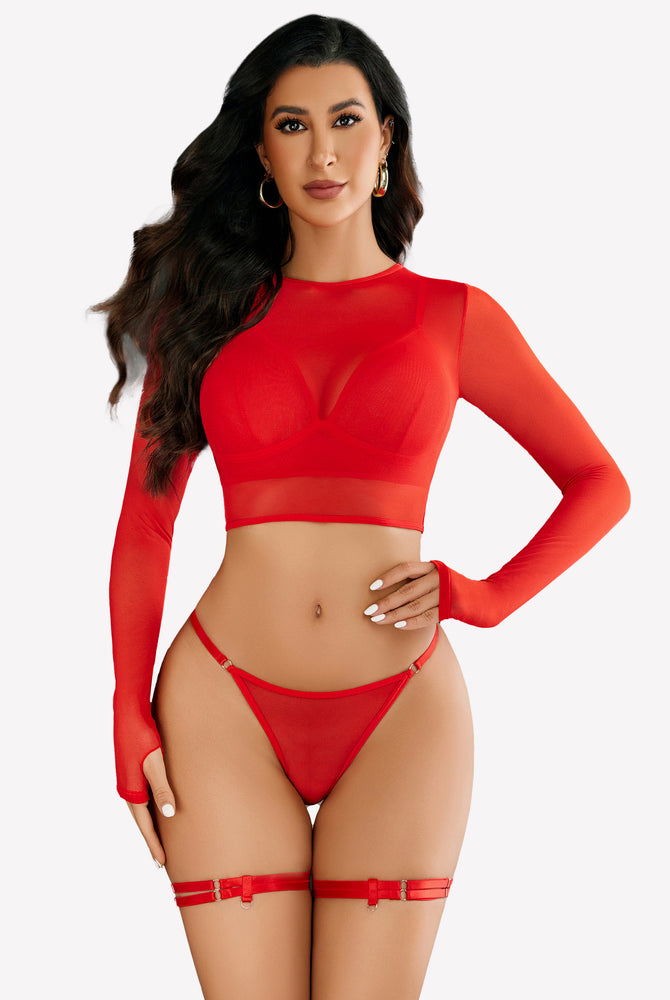 Red mesh crop top, bra, and panty set with thigh rings; sexy Avidlove lingerie