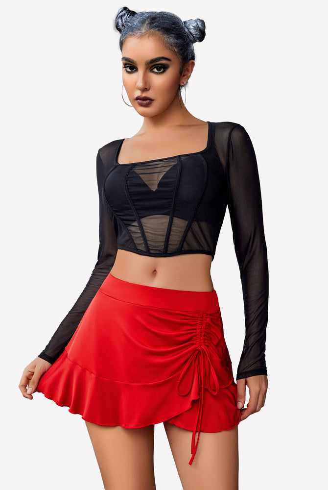Red pleated drawstring wrap mini skirt with black mesh crop top; sexy and stylish outfit for women.