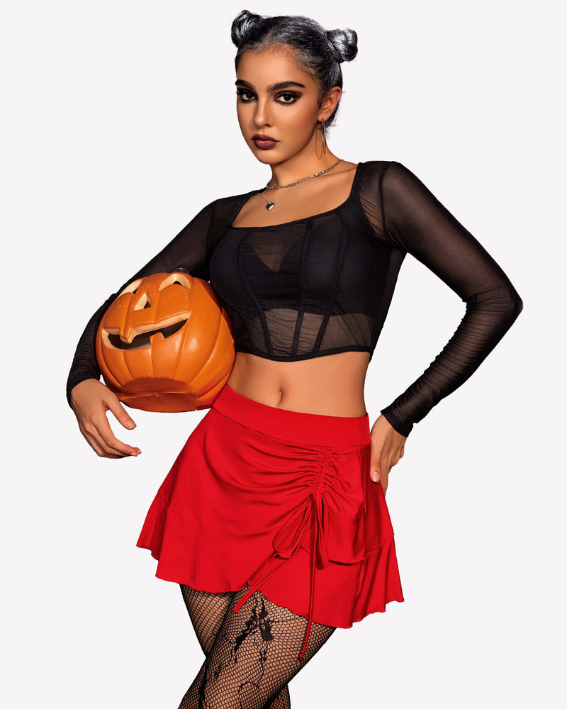 Red pleated drawstring mini skirt with black mesh top, Halloween costume, stylish and sexy.