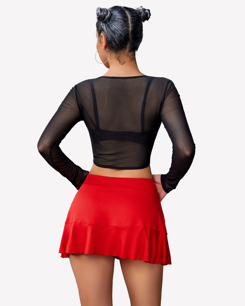Red pleated drawstring wrap mini skirt with black mesh top, a stylish and sexy outfit for women.
