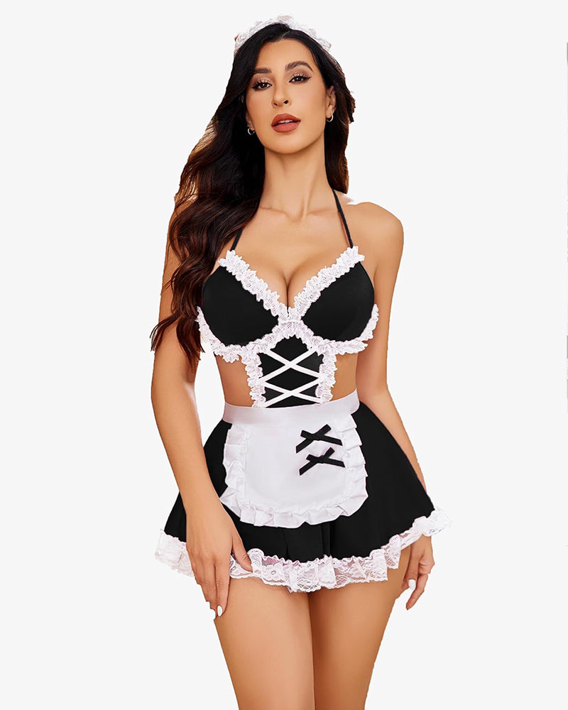 Black and white lace maid lingerie set with apron and headband. Perfect for fun nights costume.
