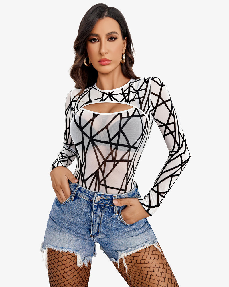 Cut Out Bodysuit with Geometric Pattern, paired with denim shorts, for a sexy and fashionable look.