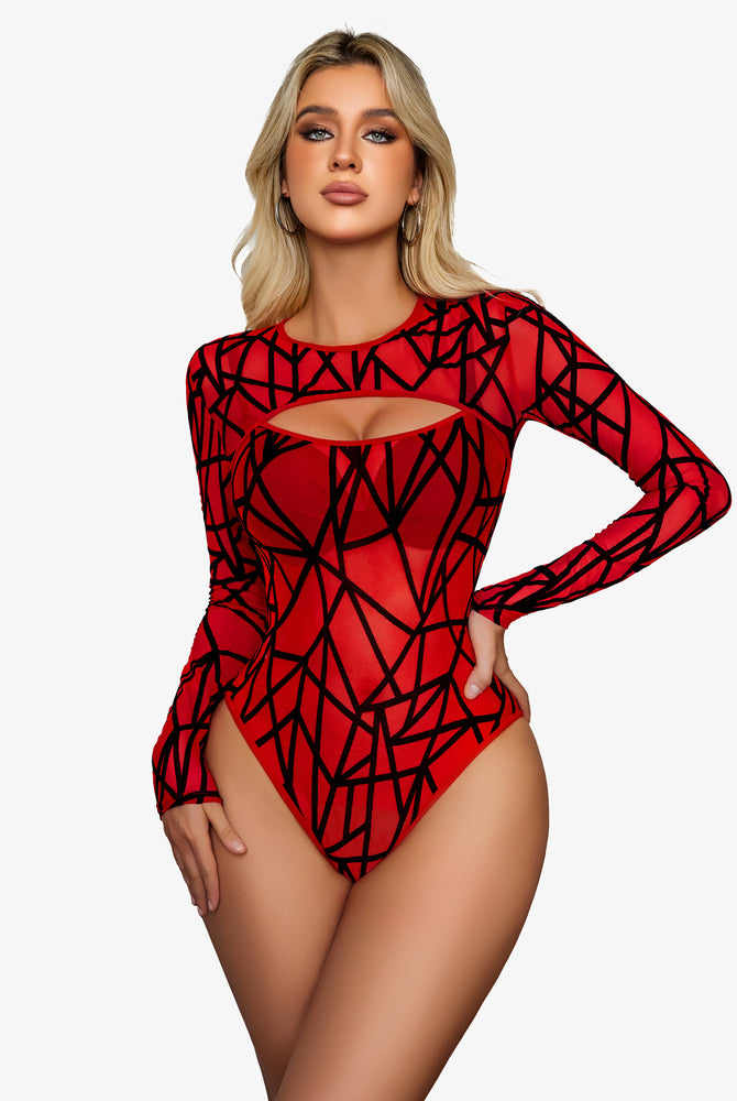 Red cut-out mesh bodysuit with geometric black design, perfect for rave outfits or lingerie.