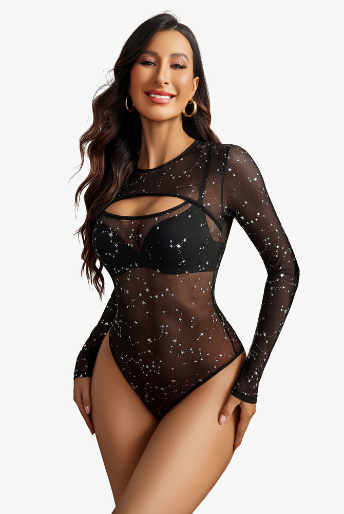 Black mesh bodysuit with star pattern, cut-out design, perfect for rave or sensual lingerie