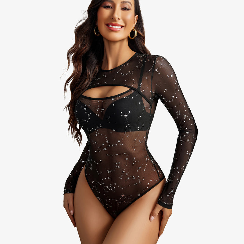 Black mesh bodysuit with star pattern, cut-out design, perfect for rave or sensual lingerie