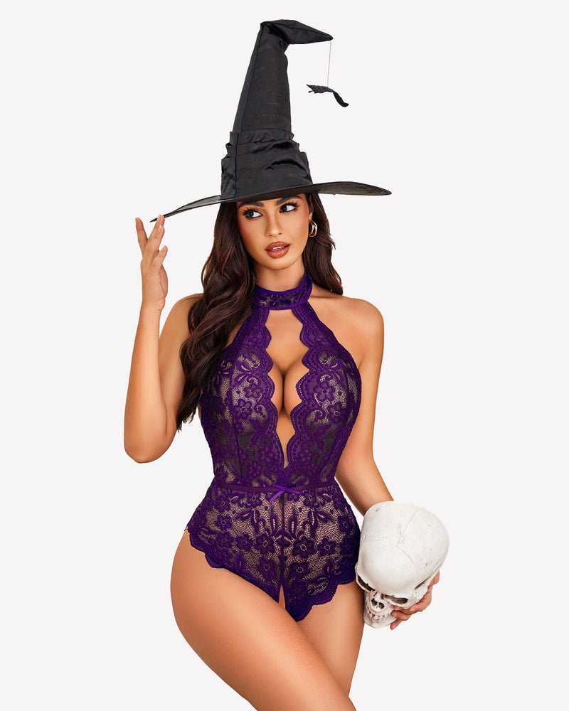 Halloween lingerie: Purple lace bodysuit, witch hat, skull. Deep V-neck, open back design. Avidlove.