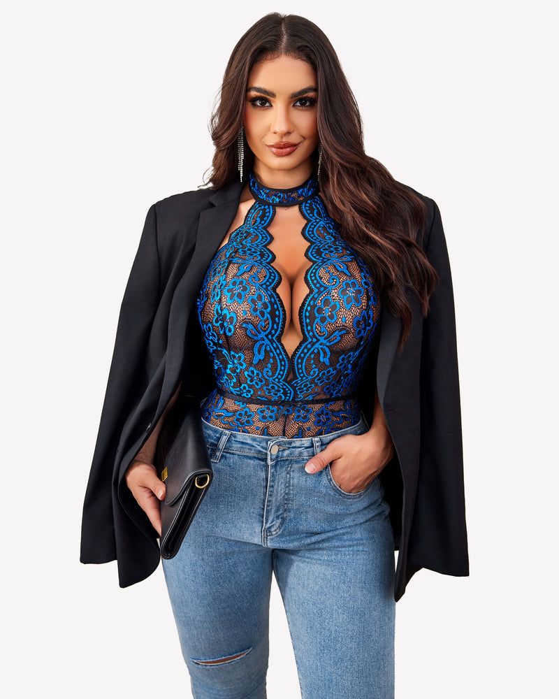 Blue lace halter bodysuit, deep V-neck, open back. Avidlove lingerie, jeans and blazer