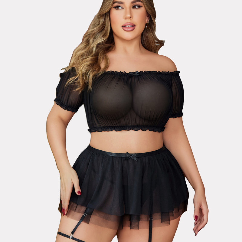 Plus Size Black Off Shoulder Lingerie Set with Garter Belt, Honeymoon Ready
