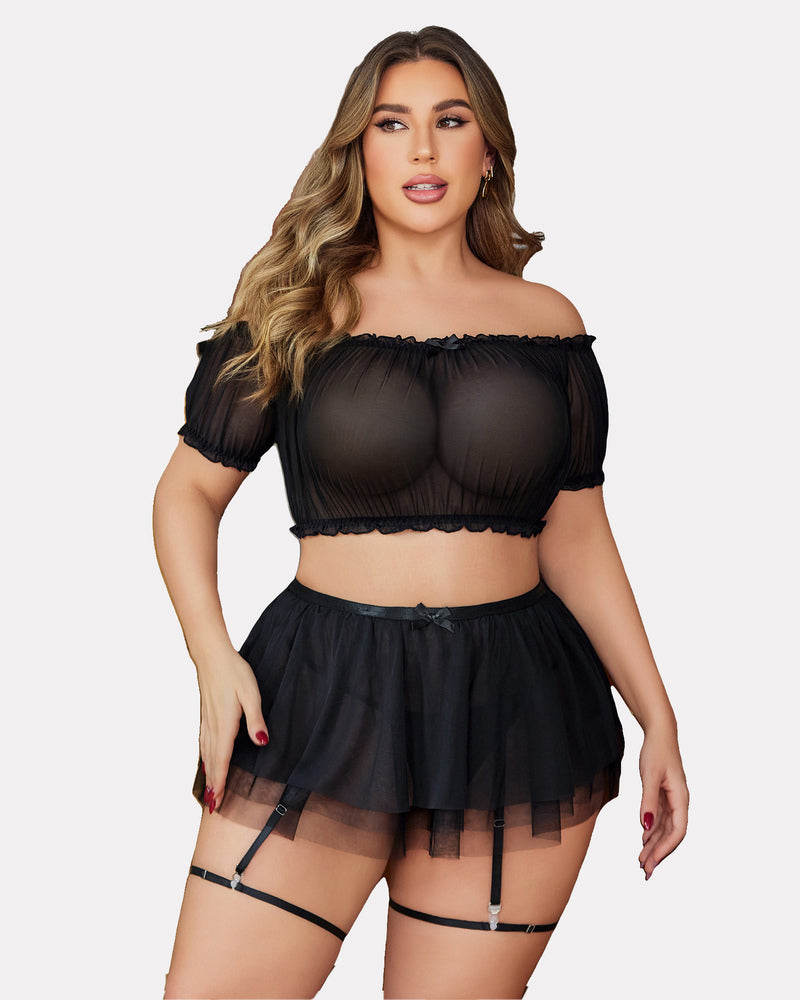 Plus Size Black Off Shoulder Lingerie Set with Garter Belt, Honeymoon Ready