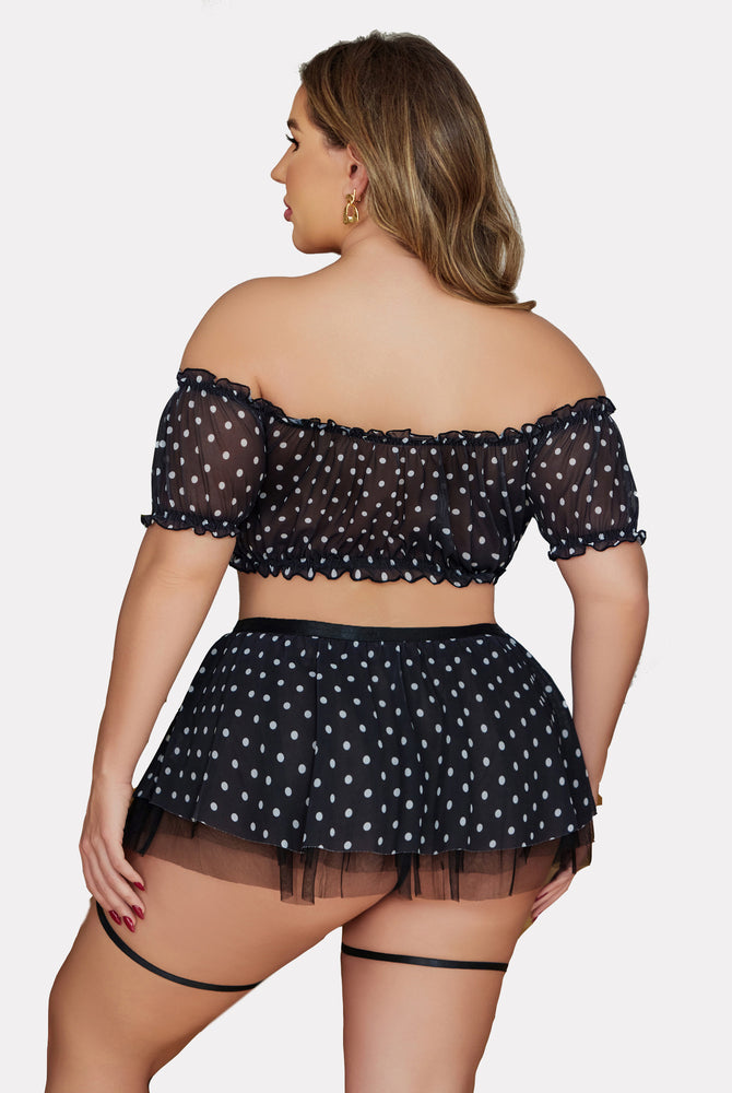 Plus Size Black Polka Dot Lingerie Set with Off Shoulder Top and Garter Skirt