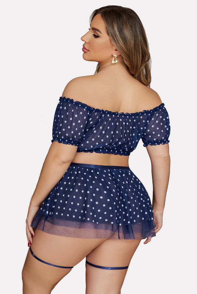 Plus size navy polka dot mesh lingerie set. Off shoulder top with garter skirt, honeymoon ready.