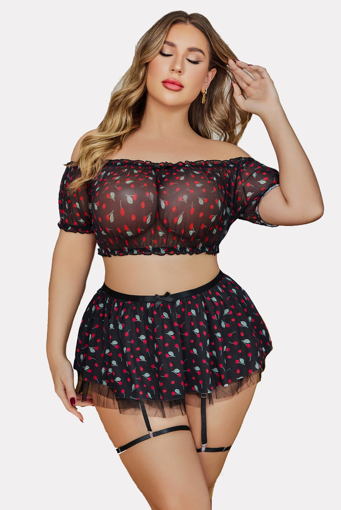 Plus Size Garter Mesh Lingerie Set, Black Cherry Print, Off Shoulder, Honeymoon Ready