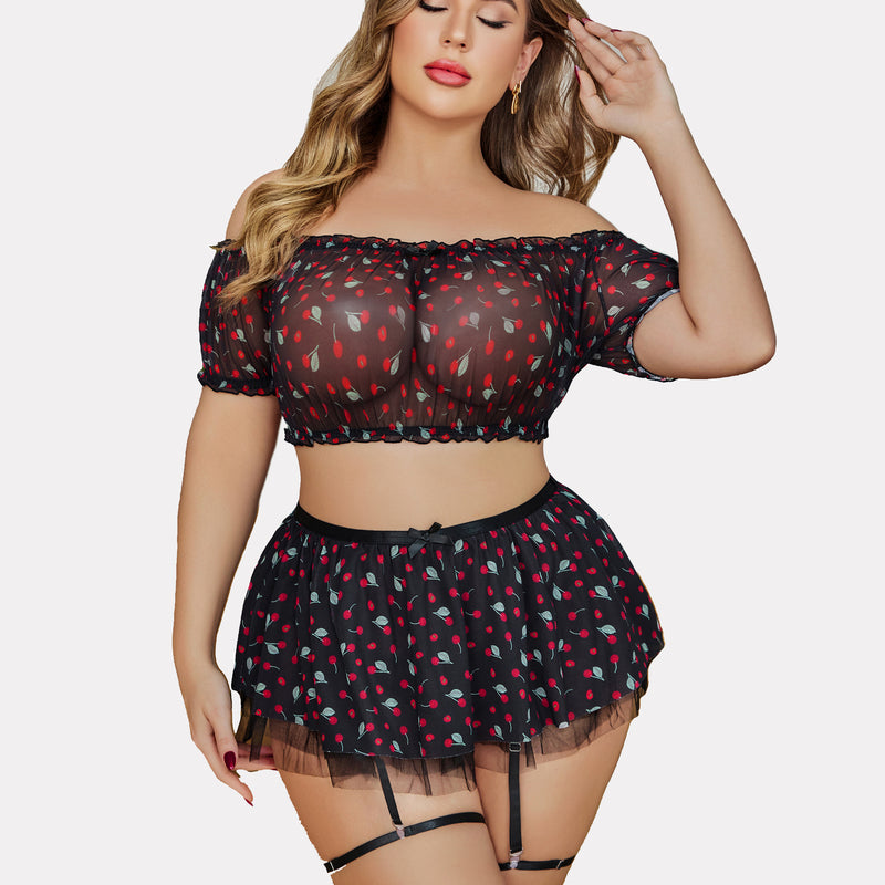 Plus Size Garter Mesh Lingerie Set, Black Cherry Print, Off Shoulder, Honeymoon Ready