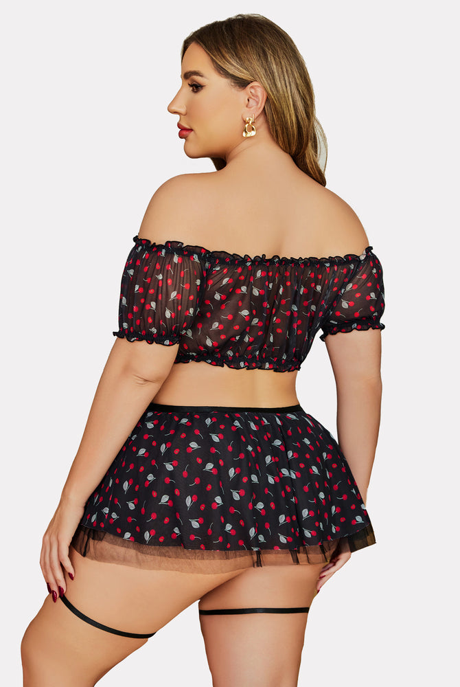 Plus Size Cherry Print Mesh Lingerie Set, Off Shoulder Style, Honeymoon Ready