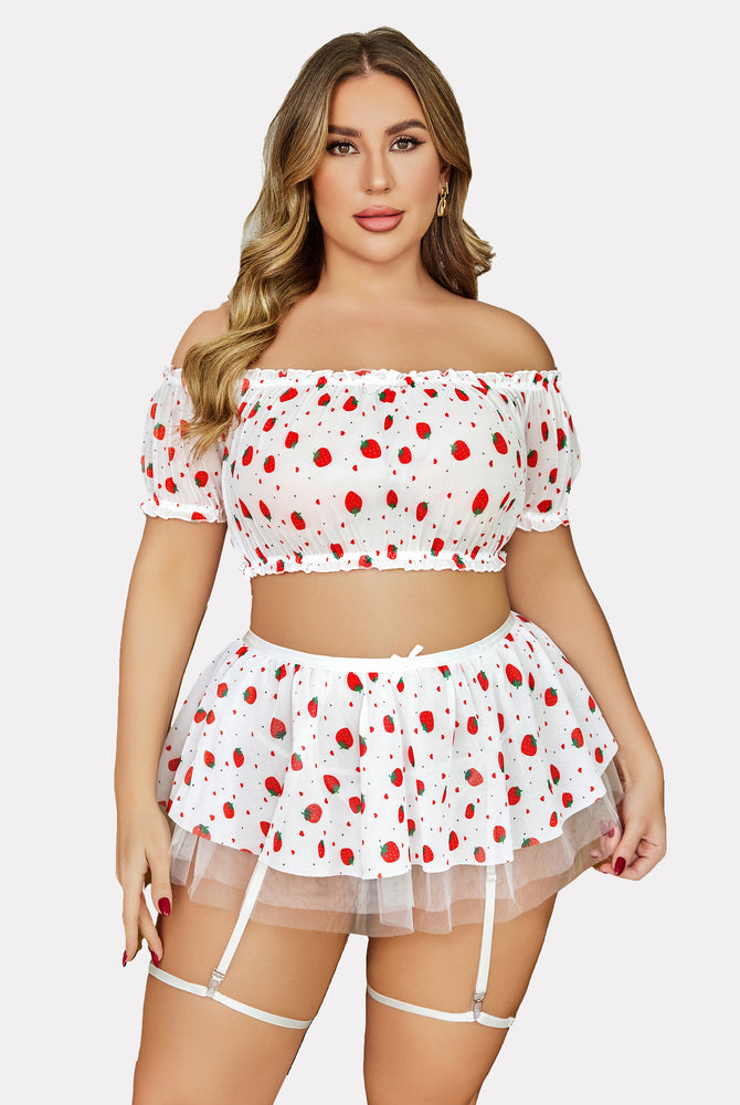 Plus Size Garter Mesh Lingerie Set, strawberry print, off shoulder style, for honeymoon