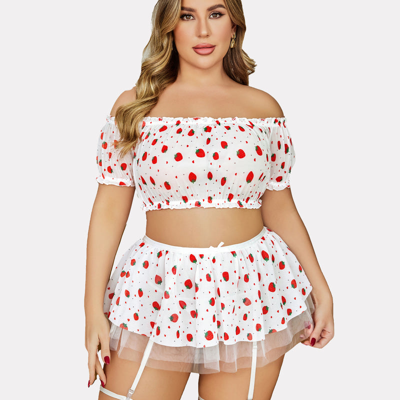 Plus Size Garter Mesh Lingerie Set, strawberry print, off shoulder style, for honeymoon
