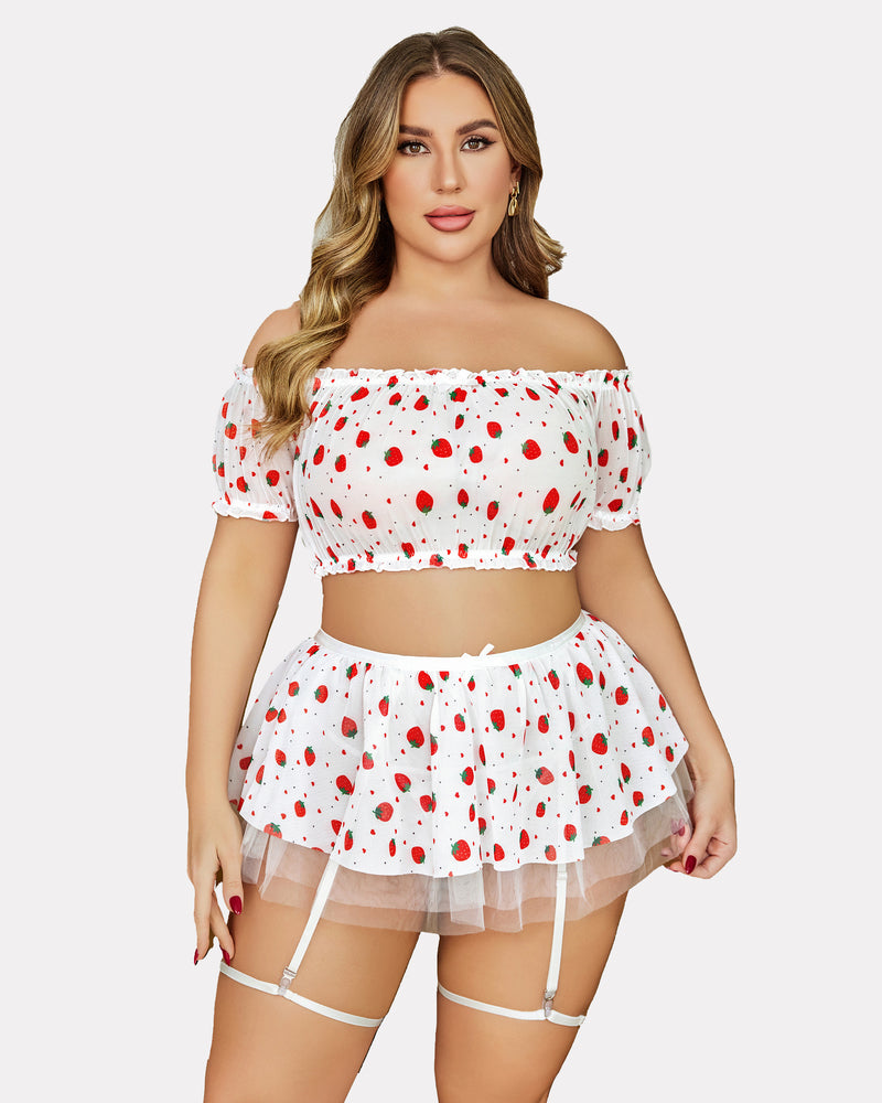 Plus Size Garter Mesh Lingerie Set, strawberry print, off shoulder style, for honeymoon