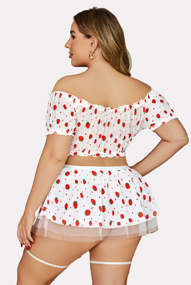 Plus Size Strawberry Lingerie Set: Off Shoulder, Garter Belt, Honeymoon Ready