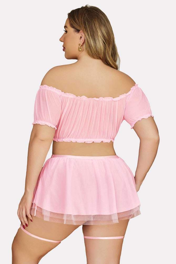 Plus Size Pink Off Shoulder Lingerie Set with Garter Skirt