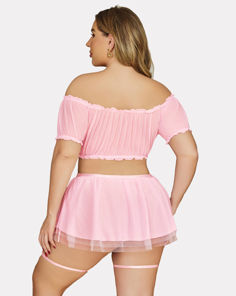Plus Size Pink Off Shoulder Lingerie Set with Garter Skirt