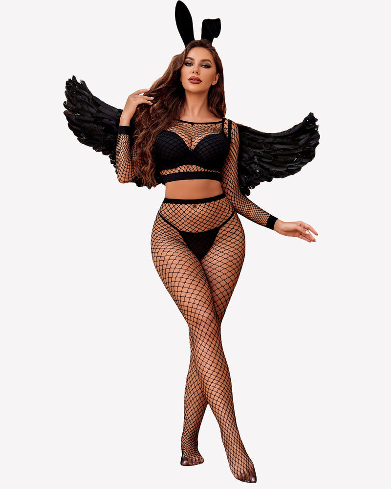 Black fishnet two-piece set with bunny ears and wings. Sexy lingerie, long sleeve outfit for women.