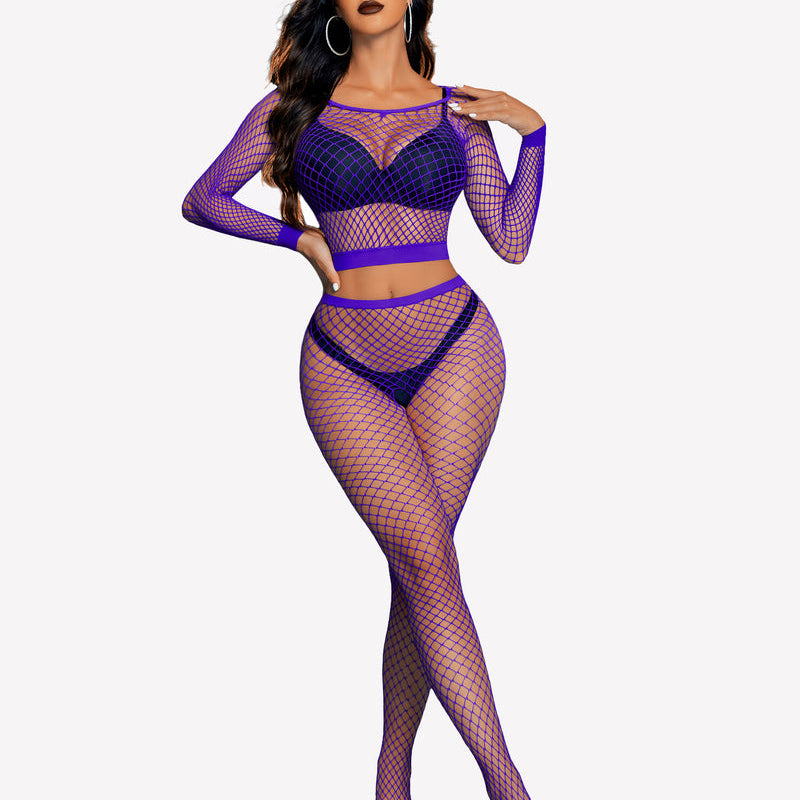Purple fishnet long sleeve two piece outfit set, lingerie for women. Sexy and fashionable design.