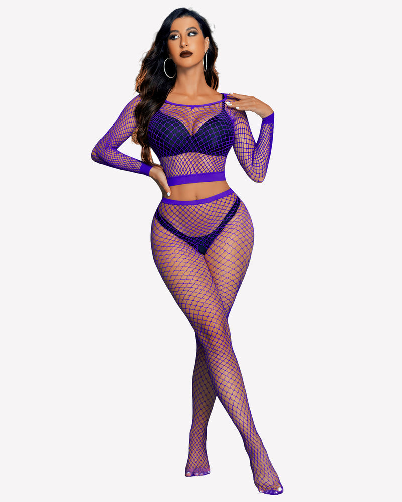 Purple fishnet long sleeve two piece outfit set, lingerie for women. Sexy and fashionable design.