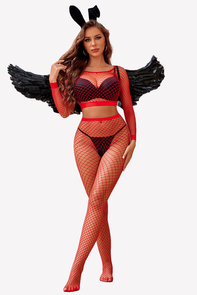 Red fishnet two-piece outfit with bunny ears and wings. Sexy lingerie for women.
