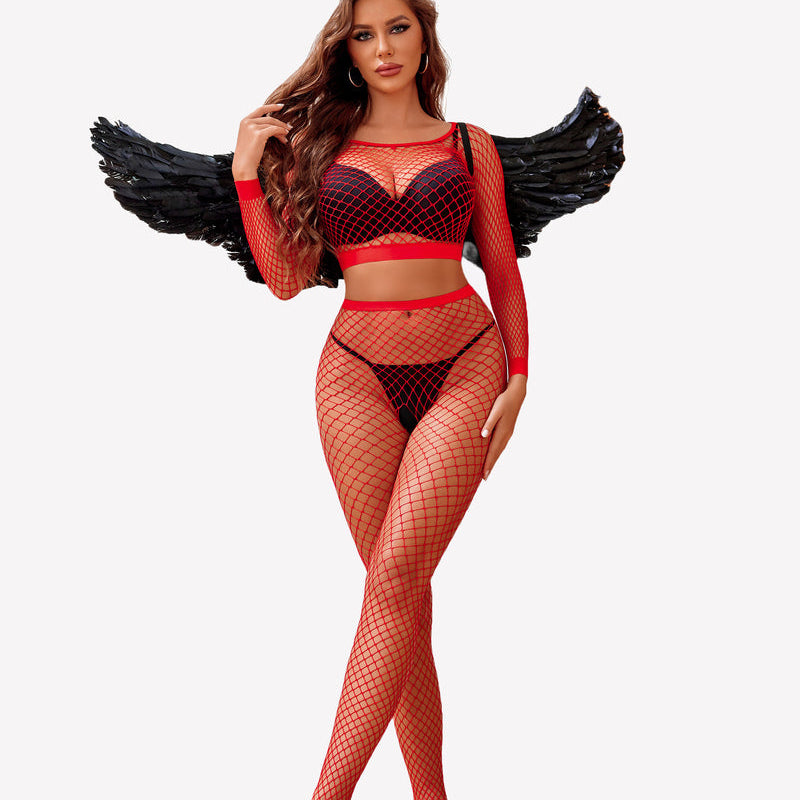 Red fishnet two-piece outfit with bunny ears and wings. Sexy lingerie for women.