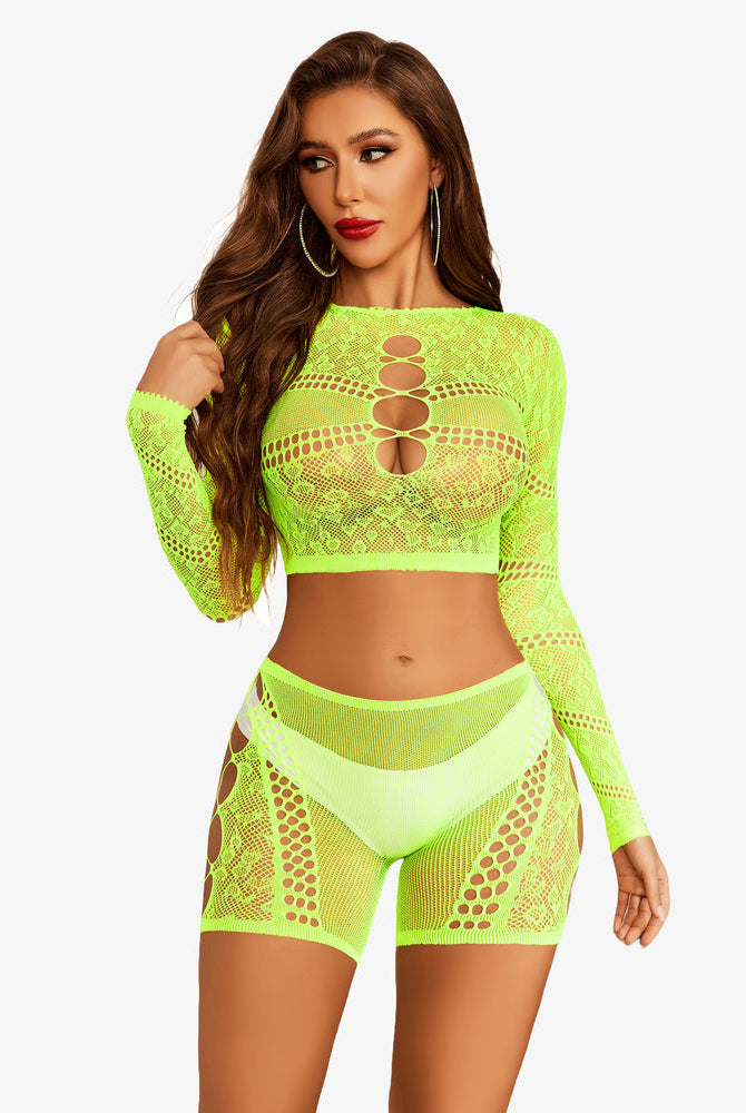 Neon green fishnet lingerie set: Crop top and shorts featuring cut-out details for a confident look.
