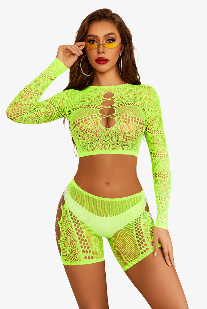 Neon green fishnet two-piece lingerie set, featuring cut-out crop top and shorts, for confidence.