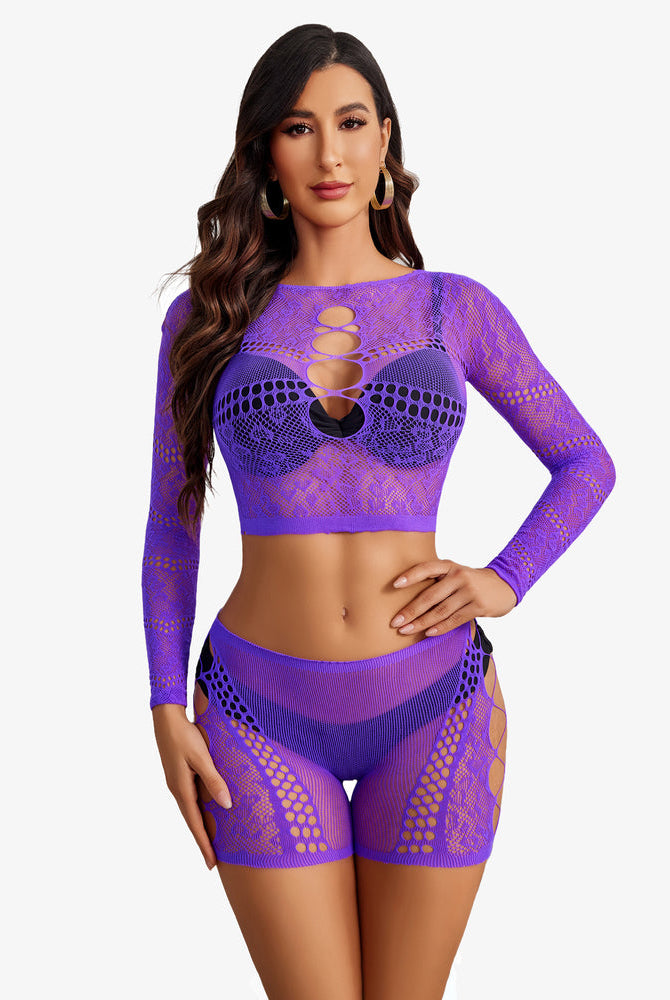 Purple fishnet lingerie set with cutout crop top and shorts, designed for confidence and style.