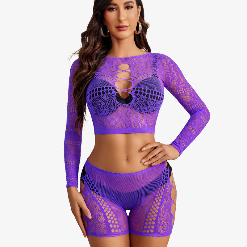 Purple fishnet lingerie set with cutout crop top and shorts, designed for confidence and style.