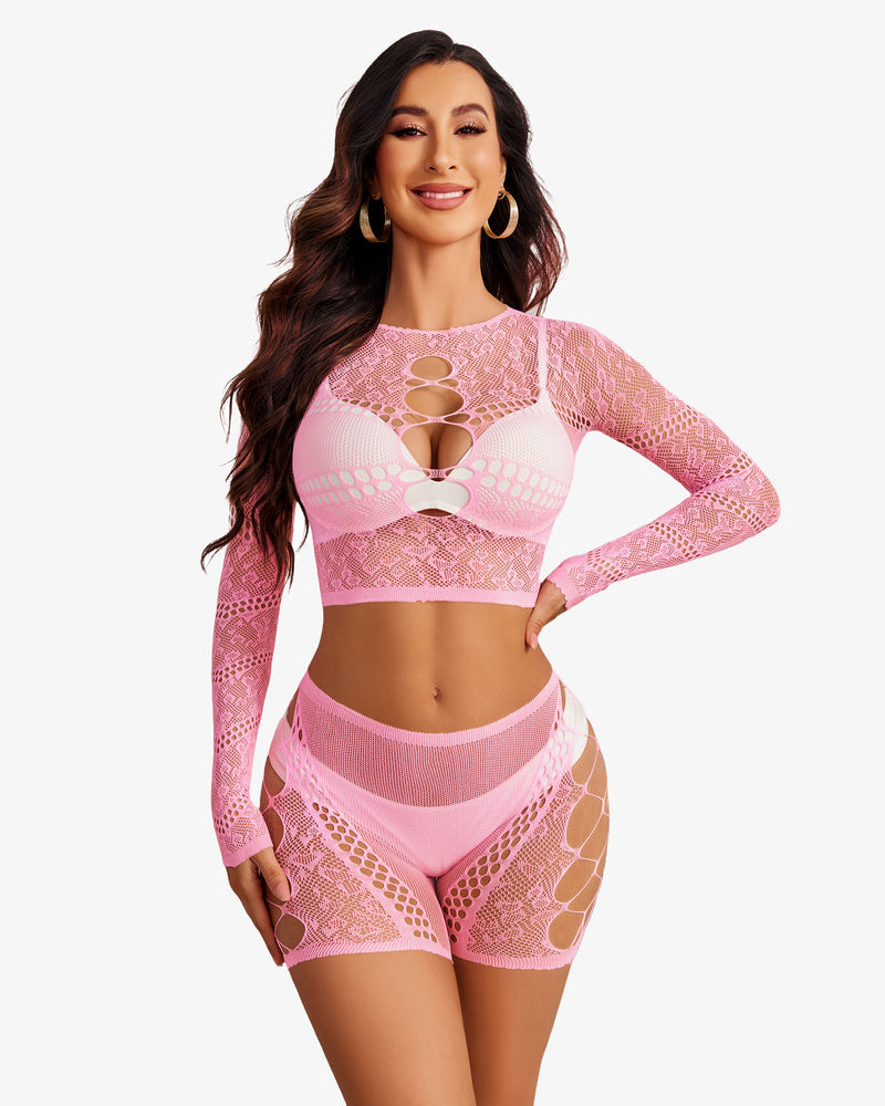 Pink fishnet lingerie set with cutouts, crop top and shorts; stylish, comfortable and confident look