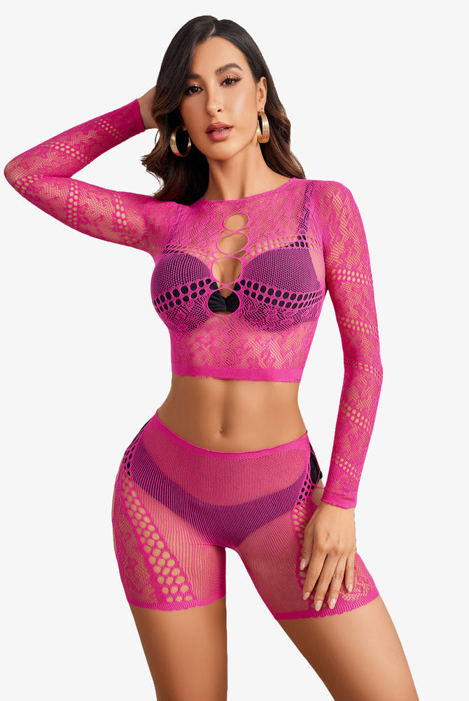 Pink fishnet lingerie set: Cutout crop top and shorts, confident and sexy style, fits XS-XXL
