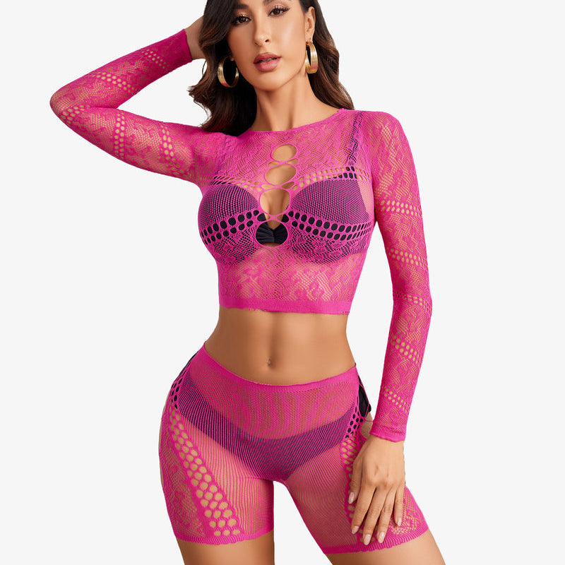 Pink fishnet lingerie set: Cutout crop top and shorts, confident and sexy style, fits XS-XXL