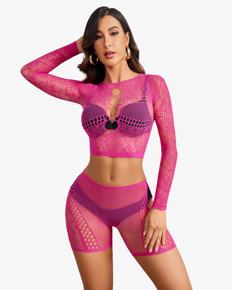 Pink fishnet lingerie set: Cutout crop top and shorts, confident and sexy style, fits XS-XXL