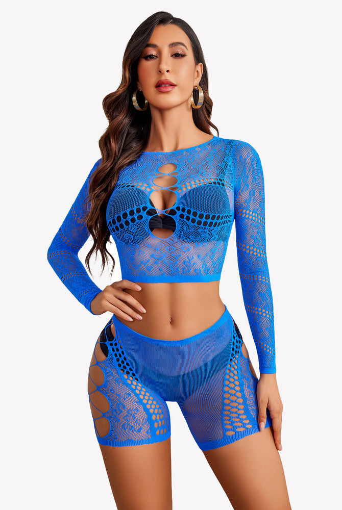 Blue fishnet lingerie set, cut-out crop top and shorts, for confidence and a sexy style