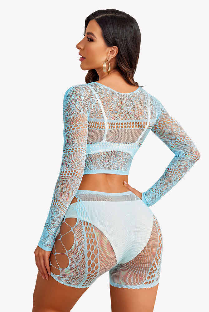 Light blue fishnet lingerie set with cut-out crop top and shorts for a confident, sexy look.